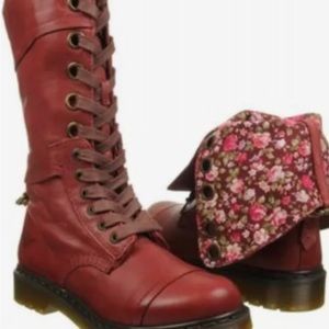 Women's Red Lace-Up Floral Combat Boots